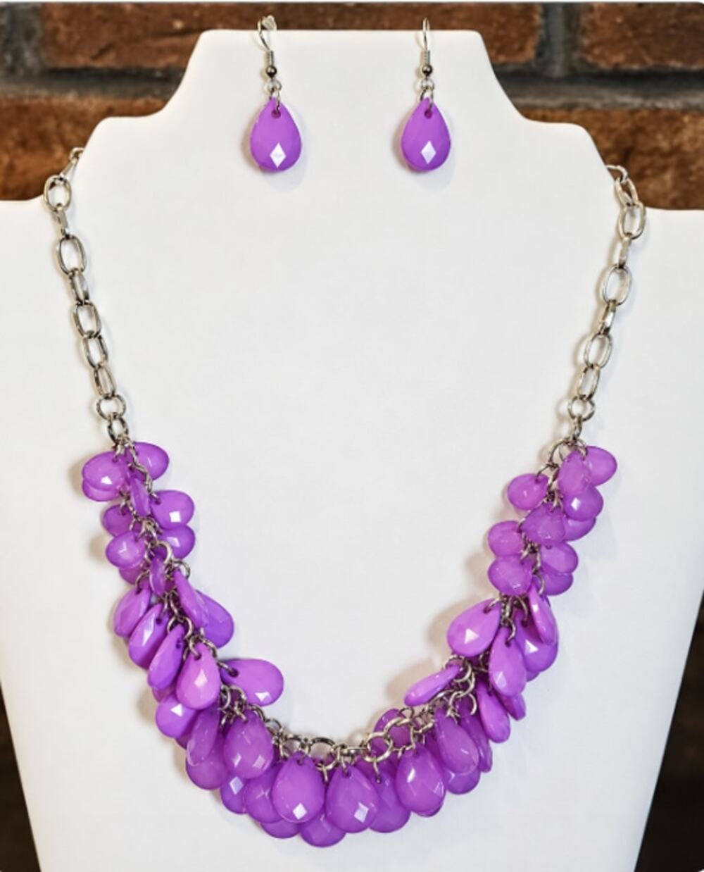 Purple Cluster Teardrop Necklace & Matching Earrings
